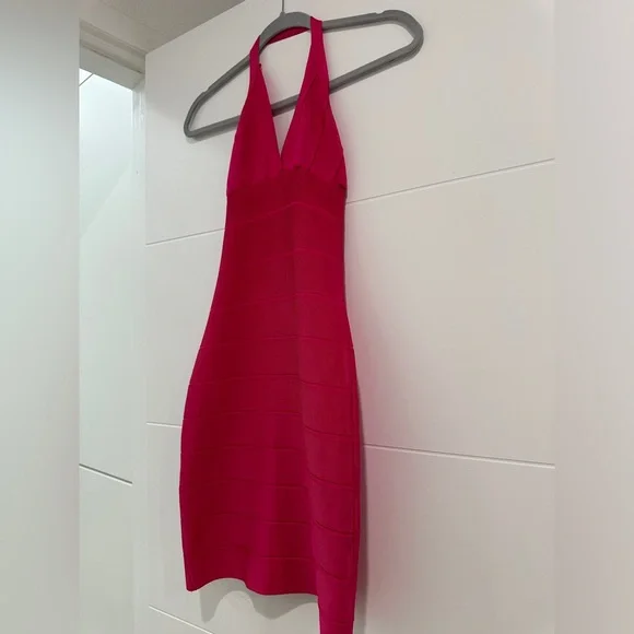 Hervé Léger Hot Pink Bandage Halter Mini Dress | Size M - Picture 7 of 12